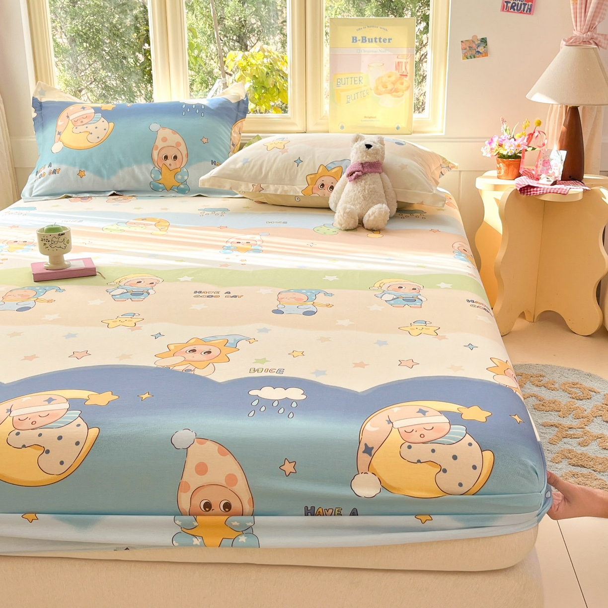 91家纺网 家纺一手货源 找家纺 莱通家纺 2026春夏新款全棉12868印花四件套单品系列-单床笠 星梦童话