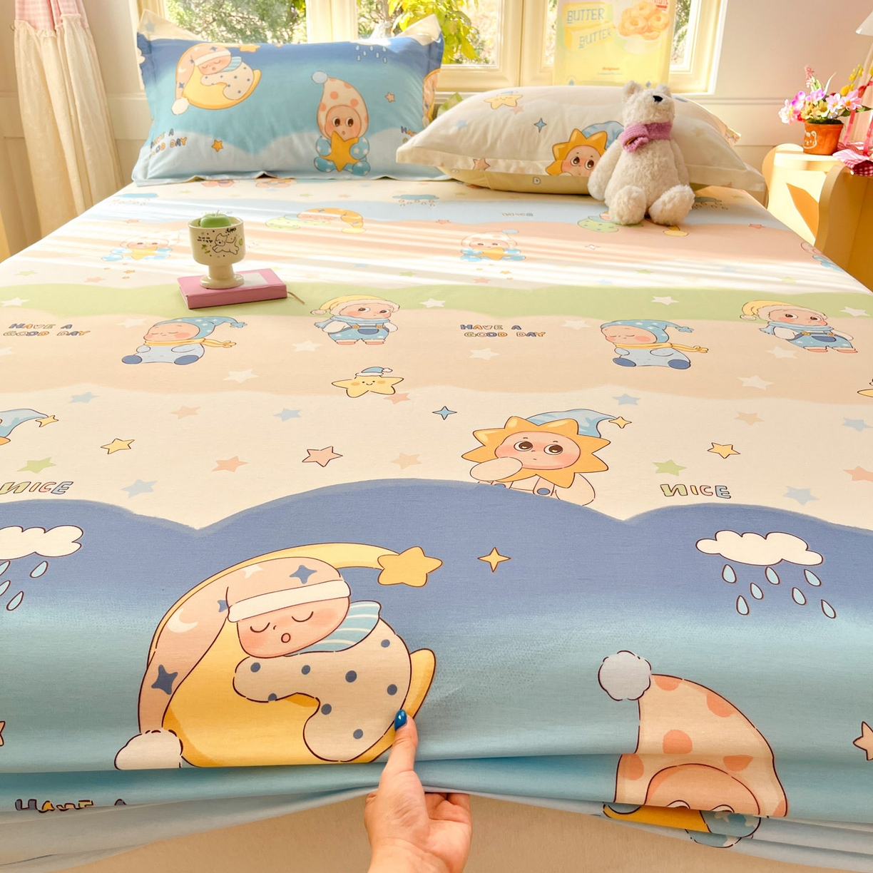 91家纺网 家纺一手货源 找家纺 莱通家纺 2026春夏新款全棉12868印花四件套单品系列-单床笠 星梦童话