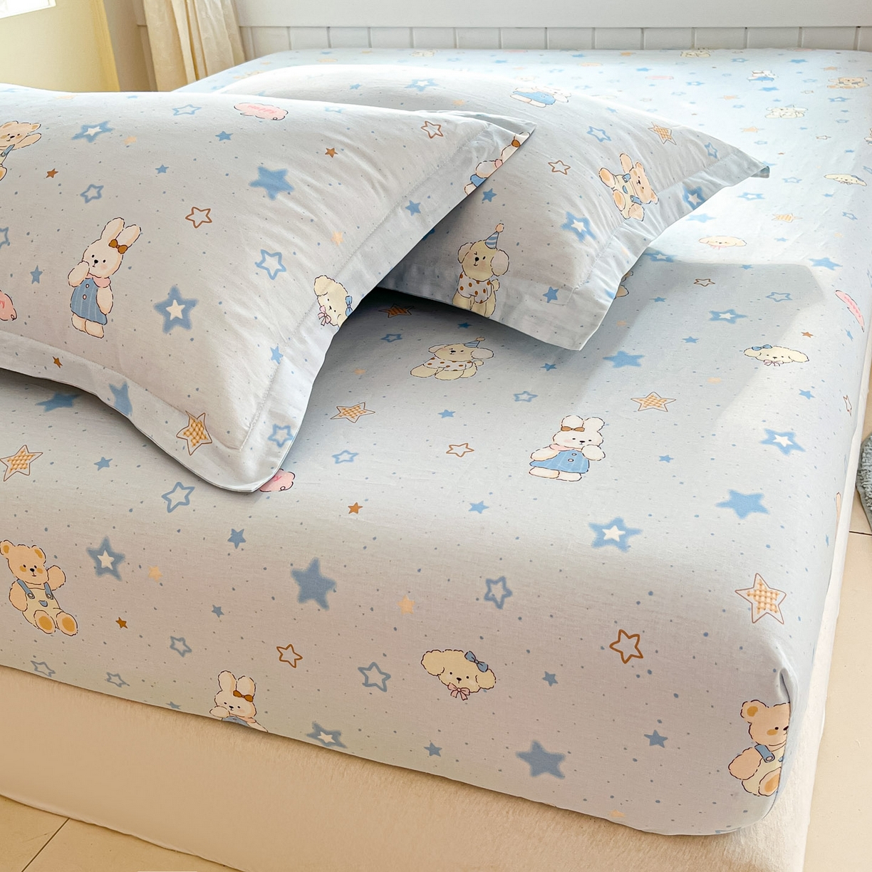 91家纺网 家纺一手货源 找家纺 莱通家纺 2026春夏新款全棉12868印花四件套单品系列-单床笠 星星童话园