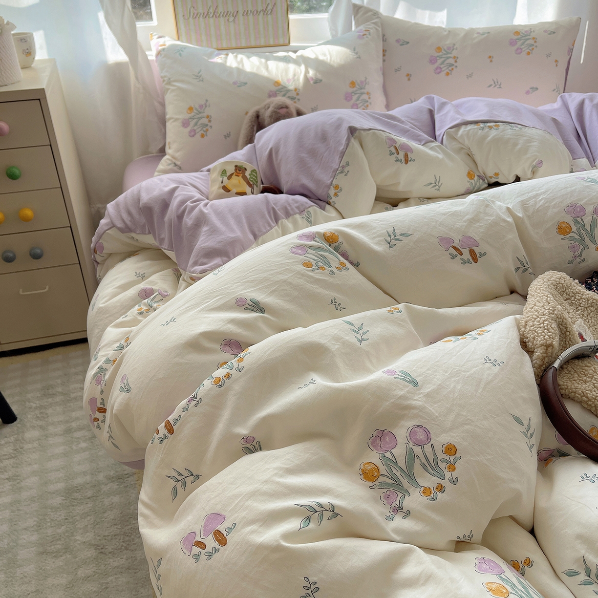 沐芷 2026 A类105g水洗棉四件套超柔手感床上宿舍三件套床单被套 小花园