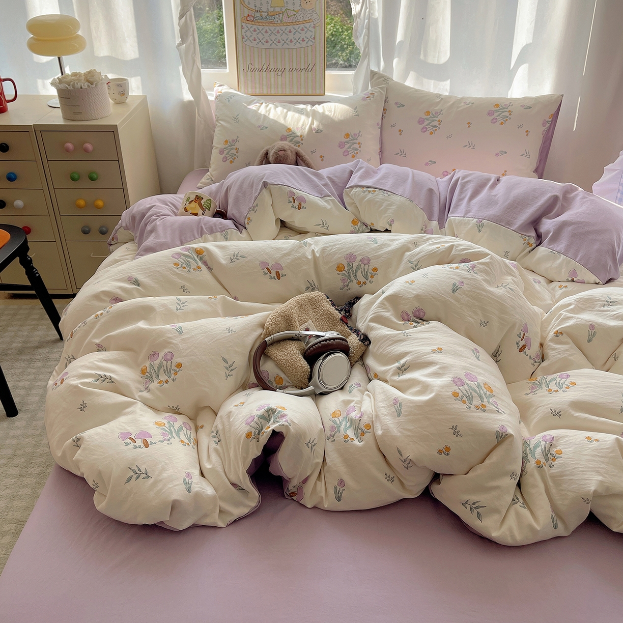 91家纺网 家纺一手货源 找家纺 沐芷 2026 A类105g水洗棉四件套超柔手感床上宿舍三件套床单被套 小花园