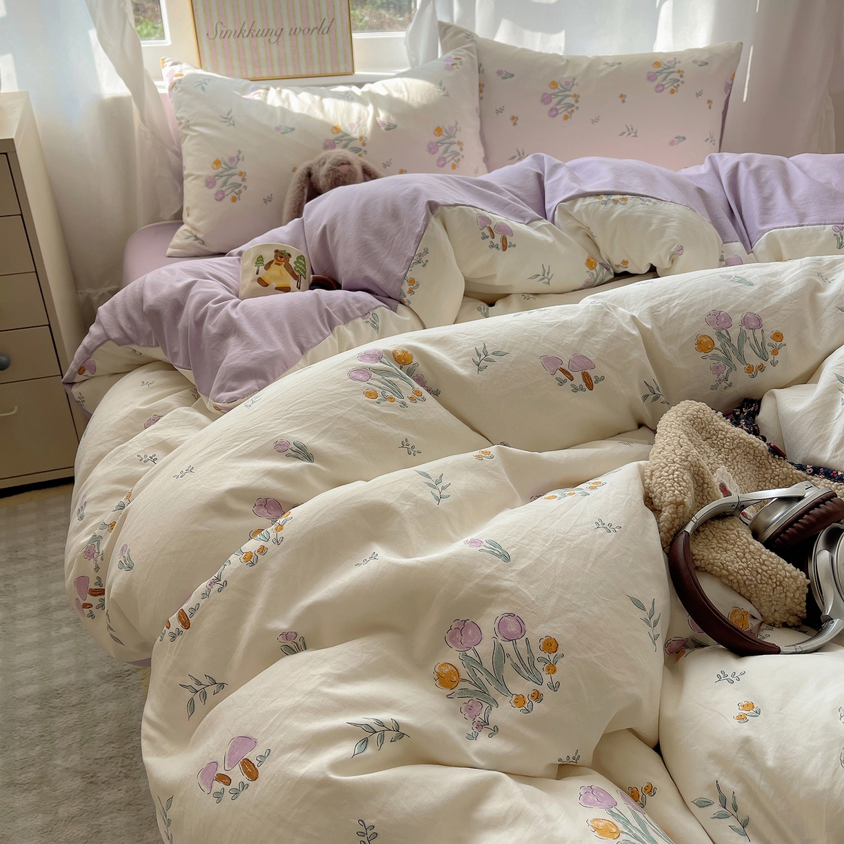 91家纺网 家纺一手货源 找家纺 沐芷 2026 A类105g水洗棉四件套超柔手感床上宿舍三件套床单被套 小花园