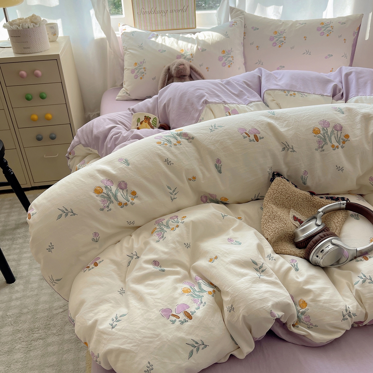 91家纺网 家纺一手货源 找家纺 沐芷 2026 A类105g水洗棉四件套超柔手感床上宿舍三件套床单被套 小花园