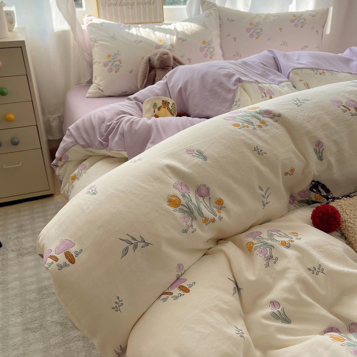 91家纺网 家纺一手货源 找家纺 沐芷 2026 A类105g水洗棉四件套超柔手感床上宿舍三件套床单被套 小花园