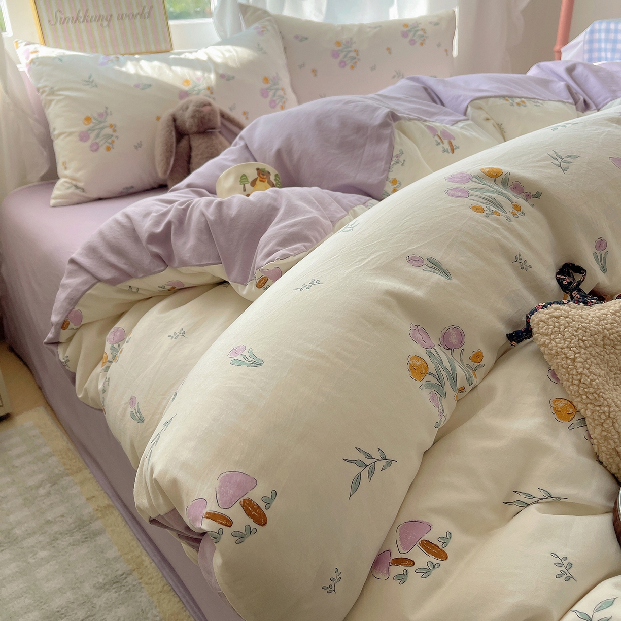 91家纺网 家纺一手货源 找家纺 沐芷 2026 A类105g水洗棉四件套超柔手感床上宿舍三件套床单被套 小花园