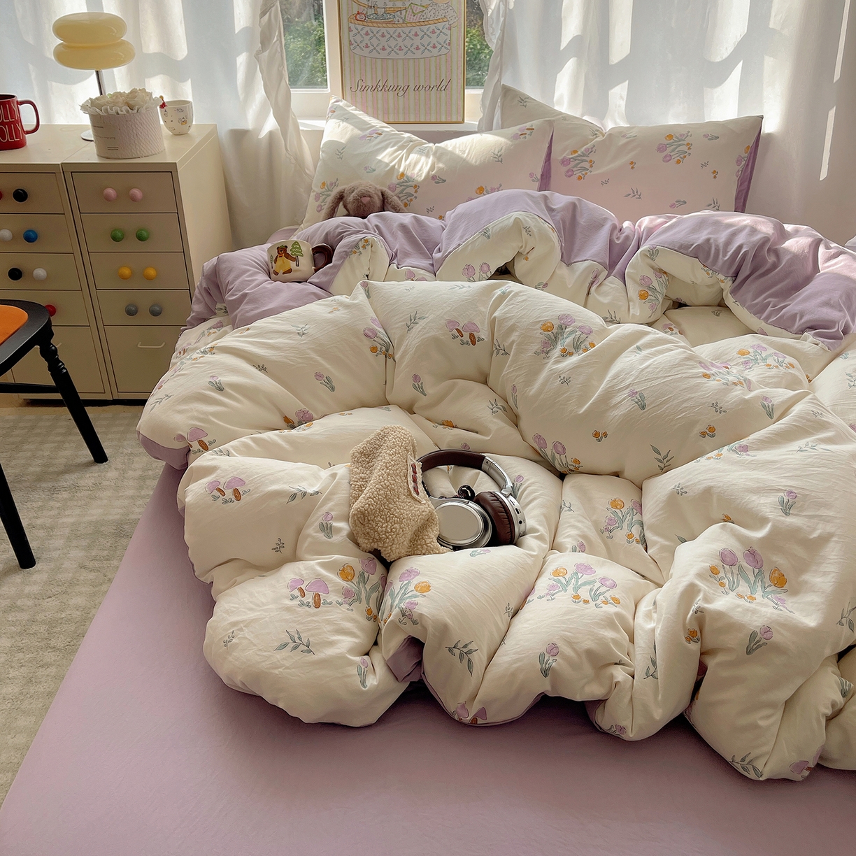 91家纺网 家纺一手货源 找家纺 沐芷 2026 A类105g水洗棉四件套超柔手感床上宿舍三件套床单被套 小花园