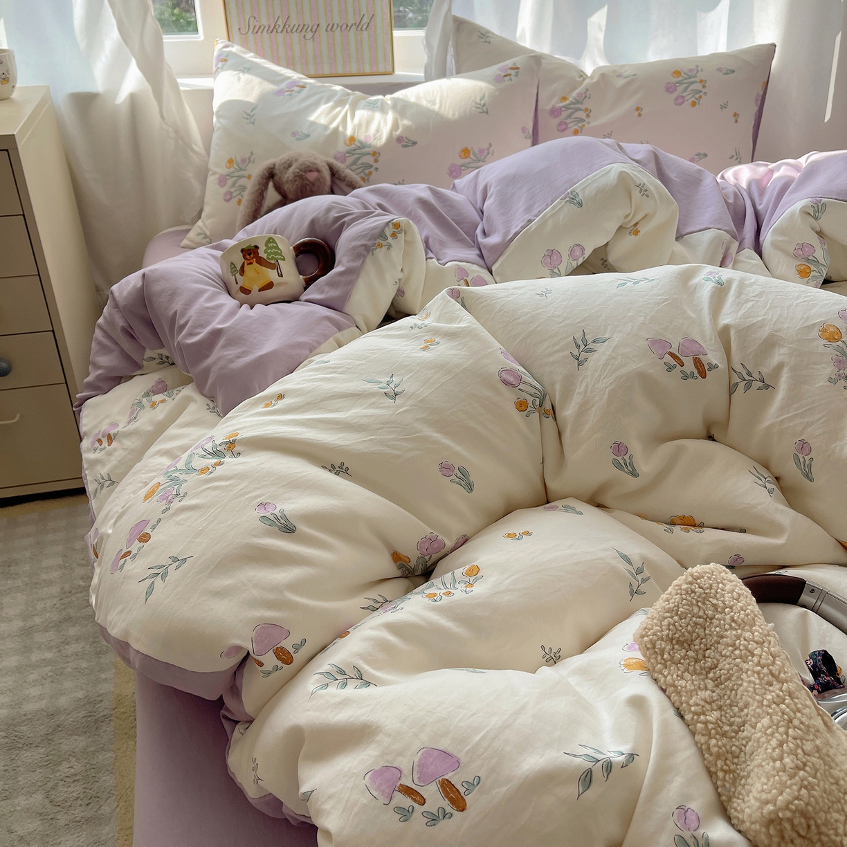 91家纺网 家纺一手货源 找家纺 沐芷 2026 A类105g水洗棉四件套超柔手感床上宿舍三件套床单被套 小花园