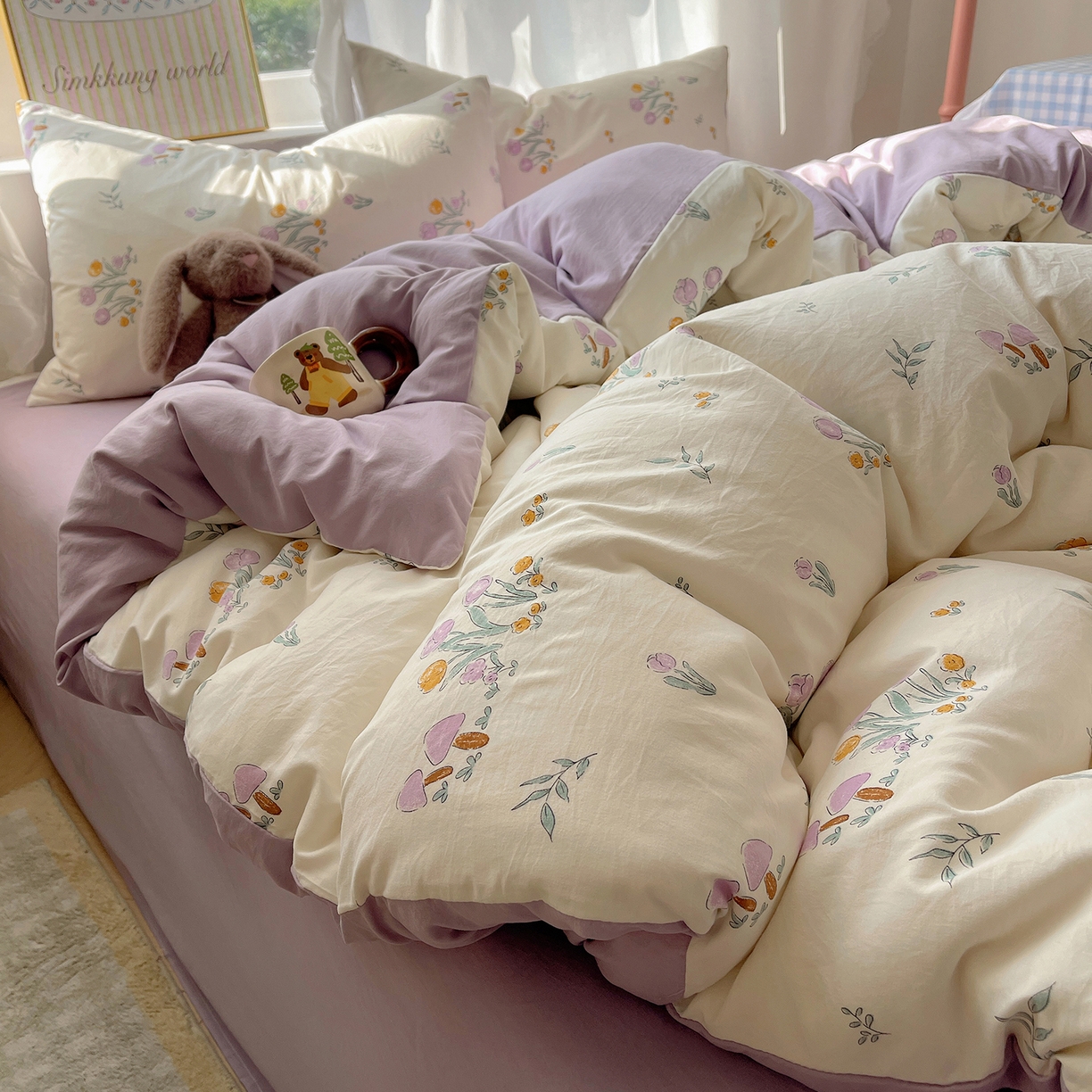 91家纺网 家纺一手货源 找家纺 沐芷 2026 A类105g水洗棉四件套超柔手感床上宿舍三件套床单被套 小花园