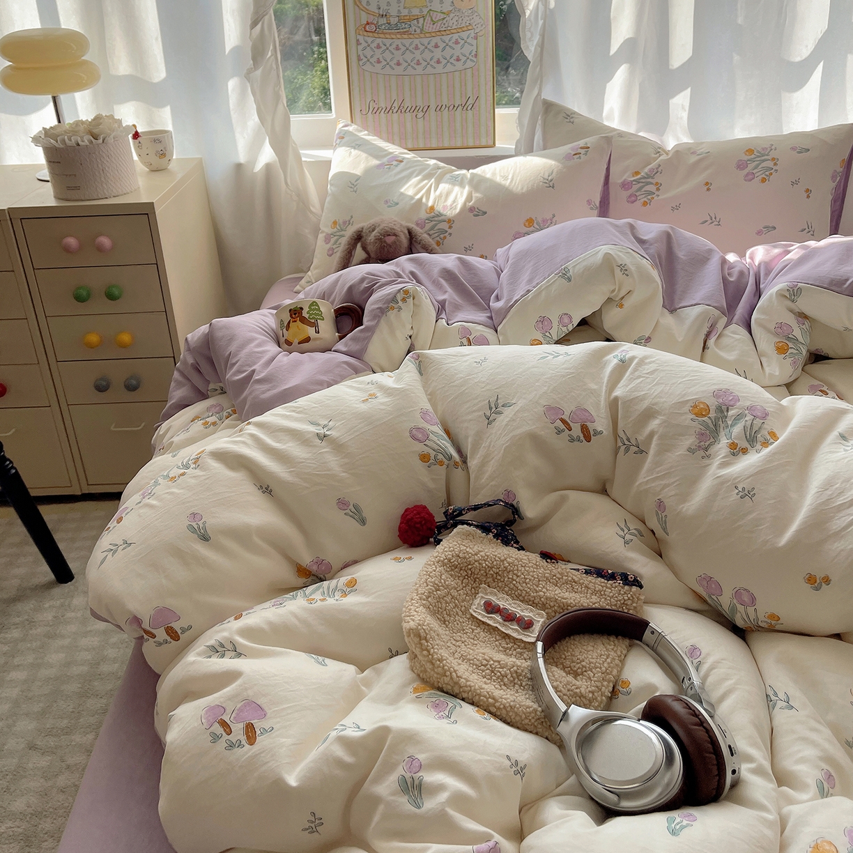 91家纺网 家纺一手货源 找家纺 沐芷 2026 A类105g水洗棉四件套超柔手感床上宿舍三件套床单被套 小花园