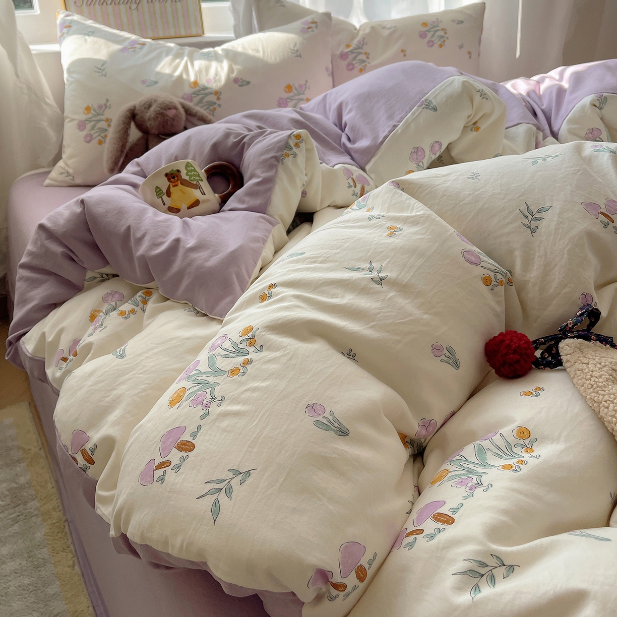 91家纺网 家纺一手货源 找家纺 沐芷 2026 A类105g水洗棉四件套超柔手感床上宿舍三件套床单被套 小花园