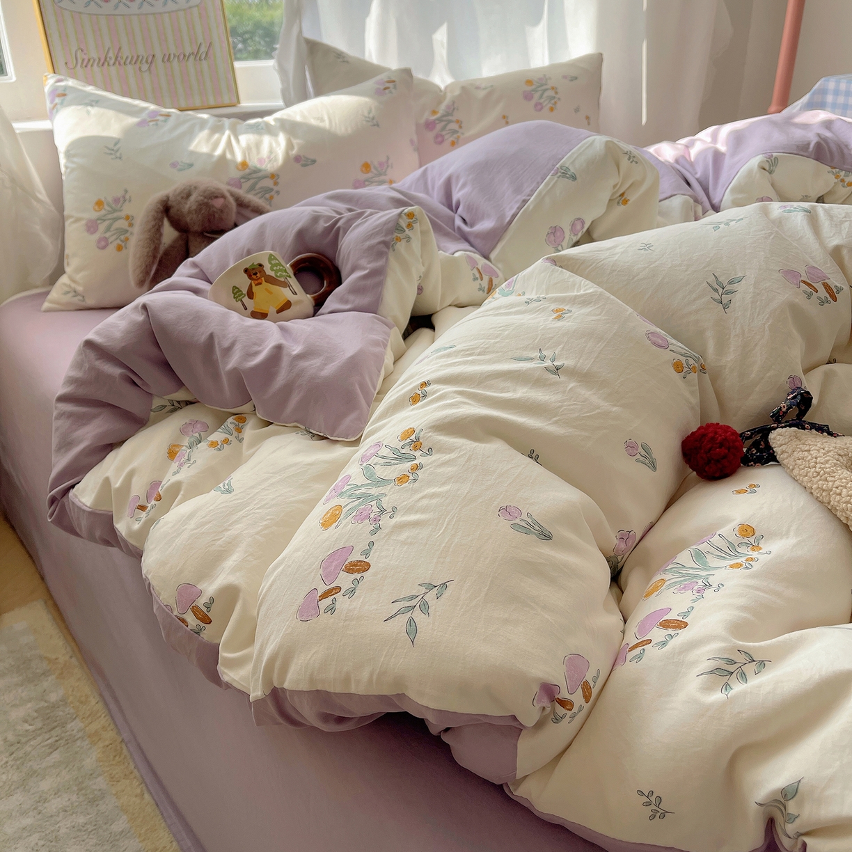 91家纺网 家纺一手货源 找家纺 沐芷 2026 A类105g水洗棉四件套超柔手感床上宿舍三件套床单被套 小花园