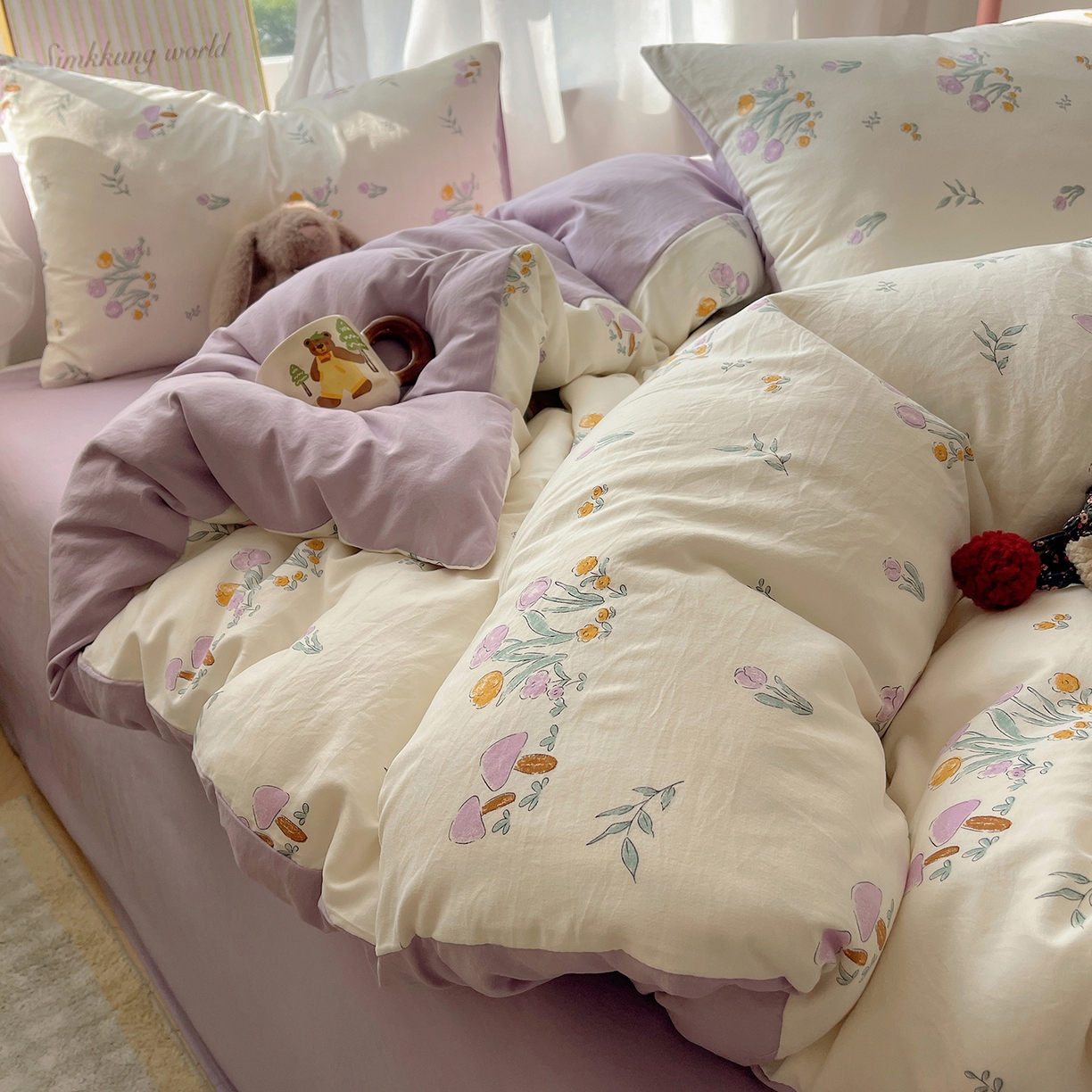 91家纺网 家纺一手货源 找家纺 沐芷 2026 A类105g水洗棉四件套超柔手感床上宿舍三件套床单被套 小花园