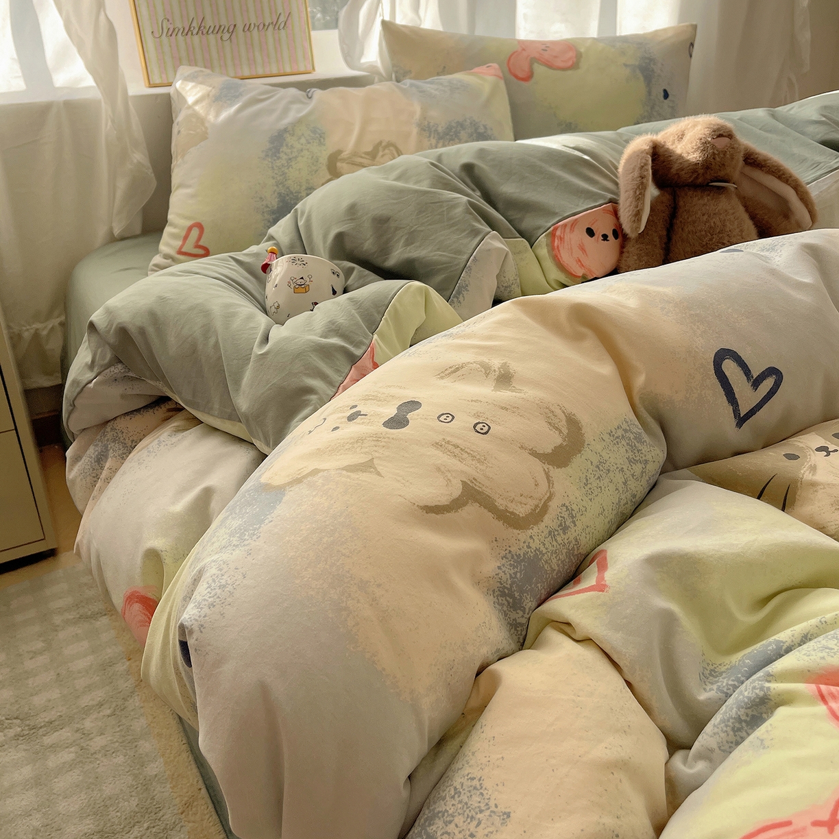 91家纺网 家纺一手货源 找家纺 沐芷 2026 A类105g水洗棉四件套超柔手感床上宿舍三件套床单被套 晕染爱心