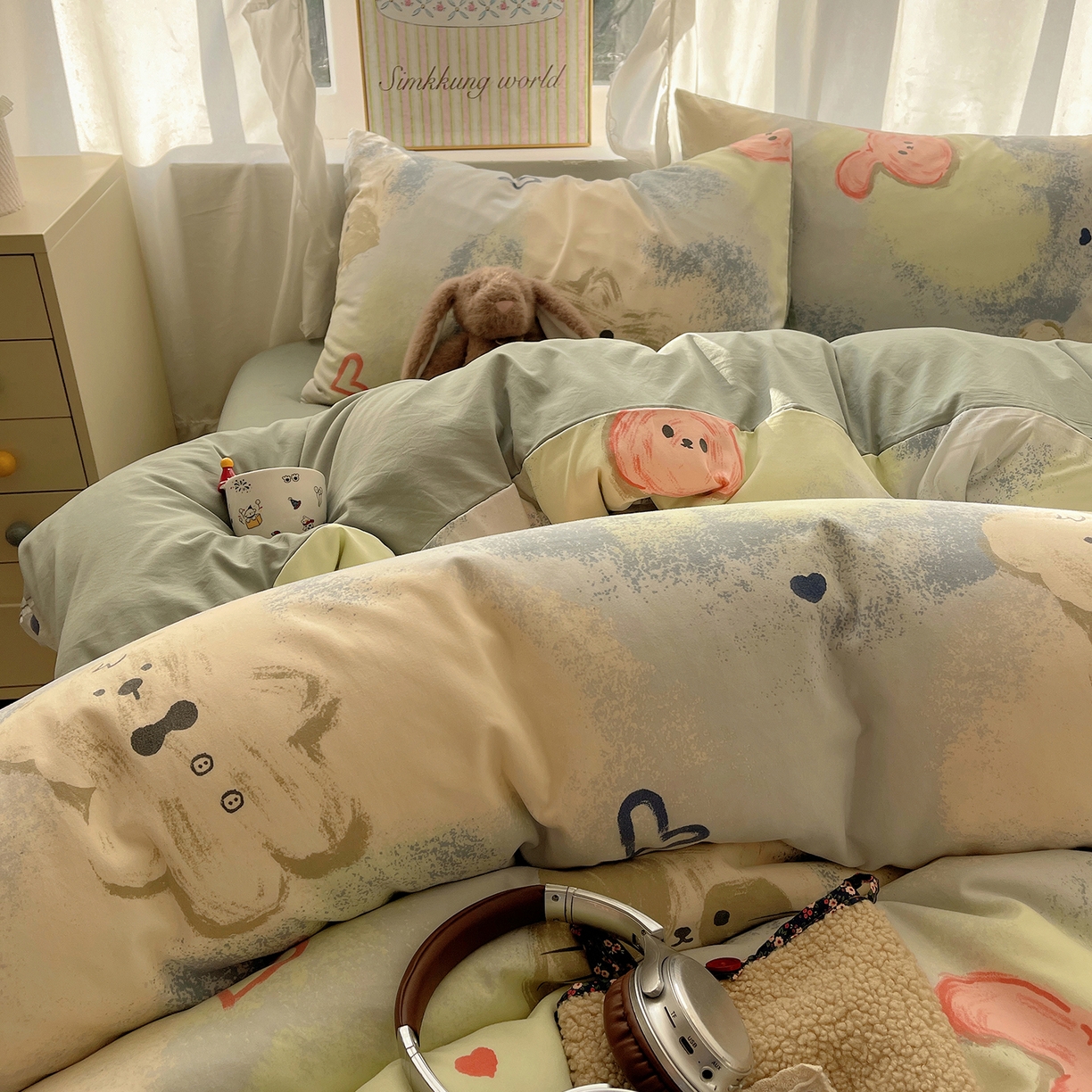 91家纺网 家纺一手货源 找家纺 沐芷 2026 A类105g水洗棉四件套超柔手感床上宿舍三件套床单被套 晕染爱心