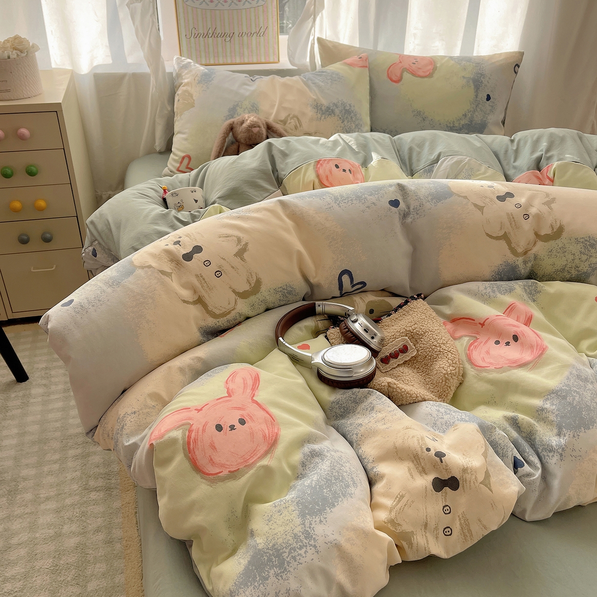 91家纺网 家纺一手货源 找家纺 沐芷 2026 A类105g水洗棉四件套超柔手感床上宿舍三件套床单被套 晕染爱心