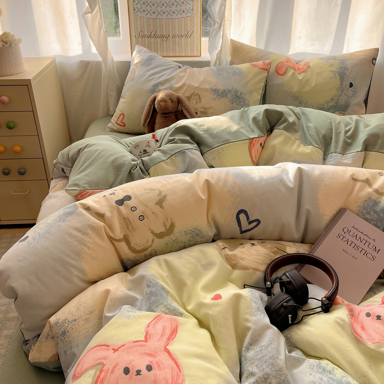 91家纺网 家纺一手货源 找家纺 沐芷 2026 A类105g水洗棉四件套超柔手感床上宿舍三件套床单被套 晕染爱心