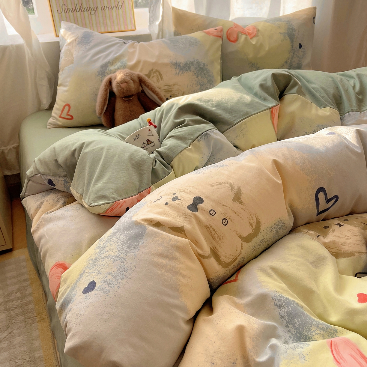 91家纺网 家纺一手货源 找家纺 沐芷 2026 A类105g水洗棉四件套超柔手感床上宿舍三件套床单被套 晕染爱心