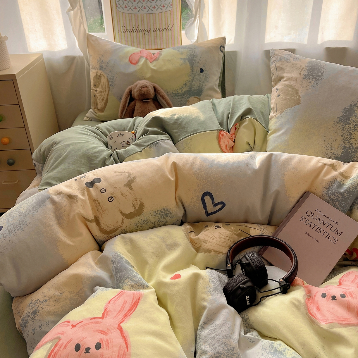 91家纺网 家纺一手货源 找家纺 沐芷 2026 A类105g水洗棉四件套超柔手感床上宿舍三件套床单被套 晕染爱心