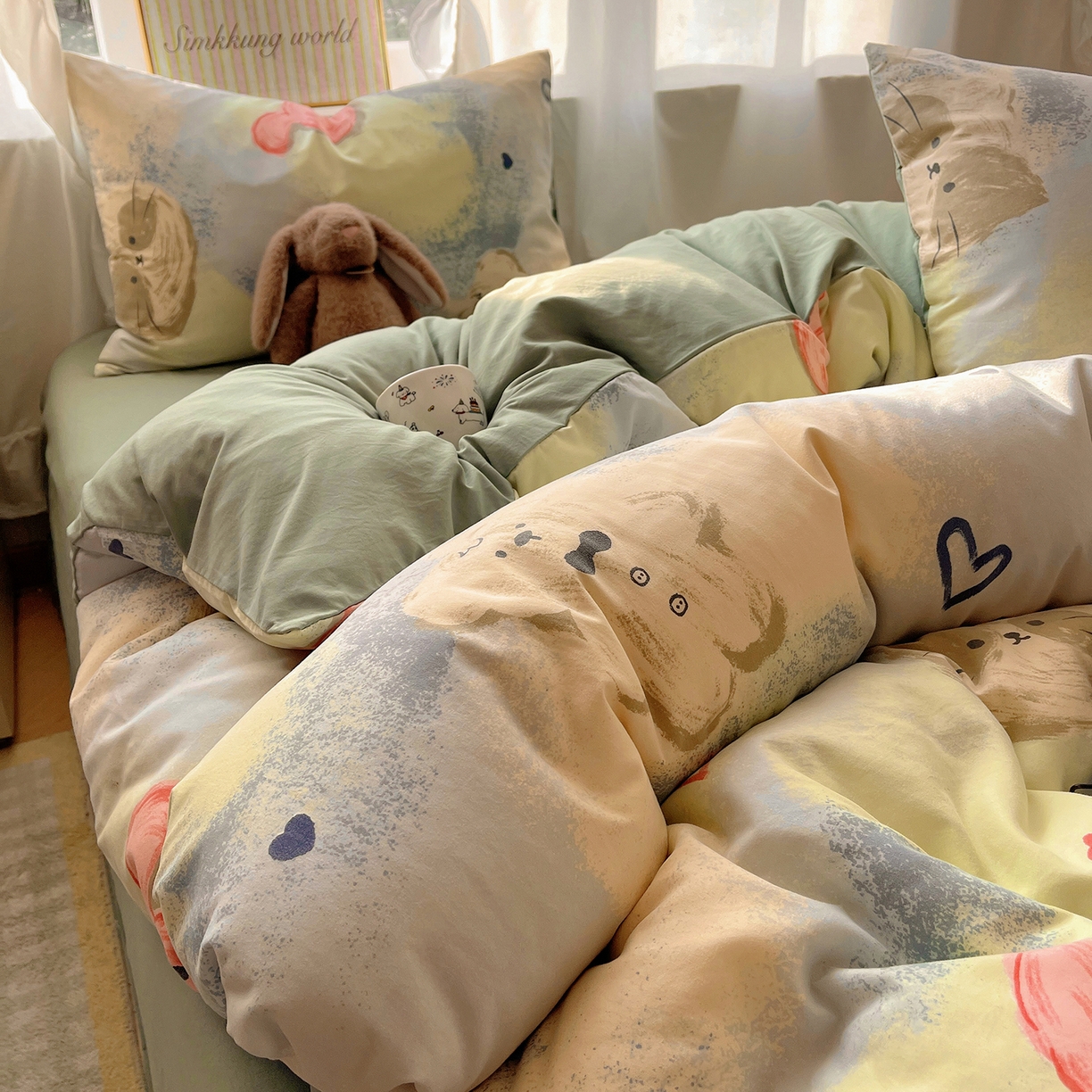 91家纺网 家纺一手货源 找家纺 沐芷 2026 A类105g水洗棉四件套超柔手感床上宿舍三件套床单被套 晕染爱心