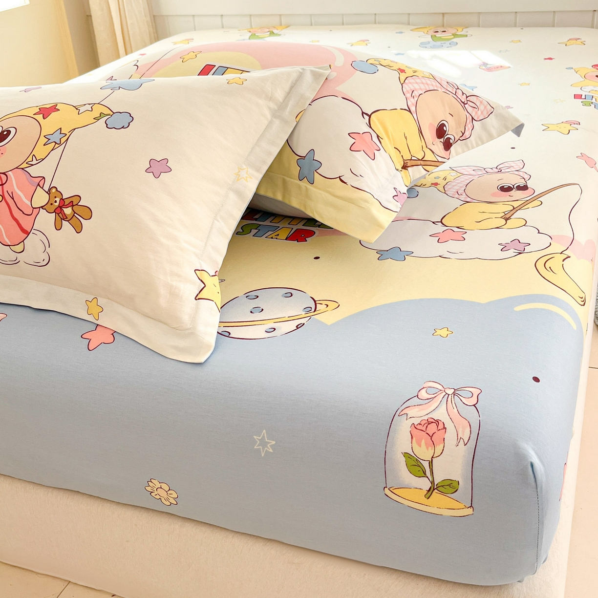 91家纺网 家纺一手货源 找家纺 莱通家纺 2026春夏新款全棉12868印花四件套单品系列-单床笠 星星仔的梦