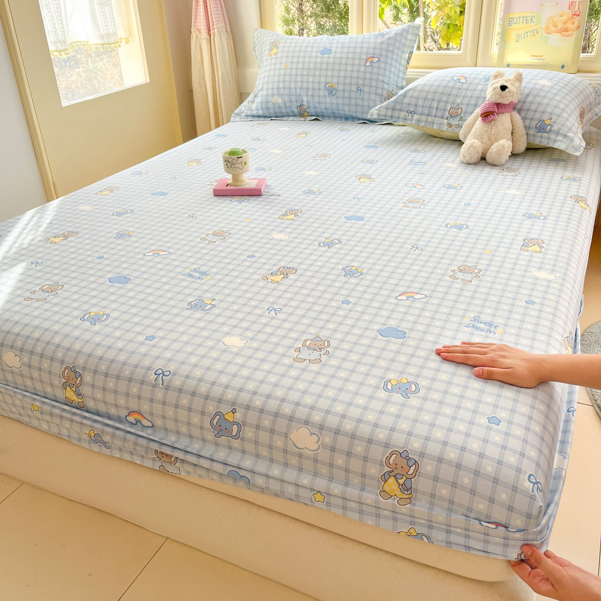 91家纺网 家纺一手货源 找家纺 莱通家纺 2026春夏新款全棉12868印花四件套单品系列-单床笠 云朵象宝