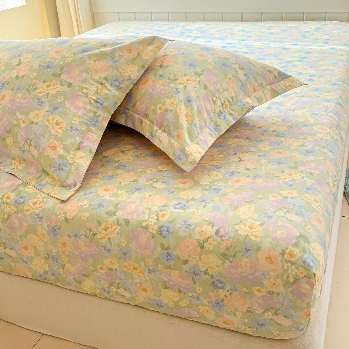 91家纺网 家纺一手货源 找家纺 莱通家纺 2026春夏新款全棉12868印花四件套单品系列-单床笠 栀子花语