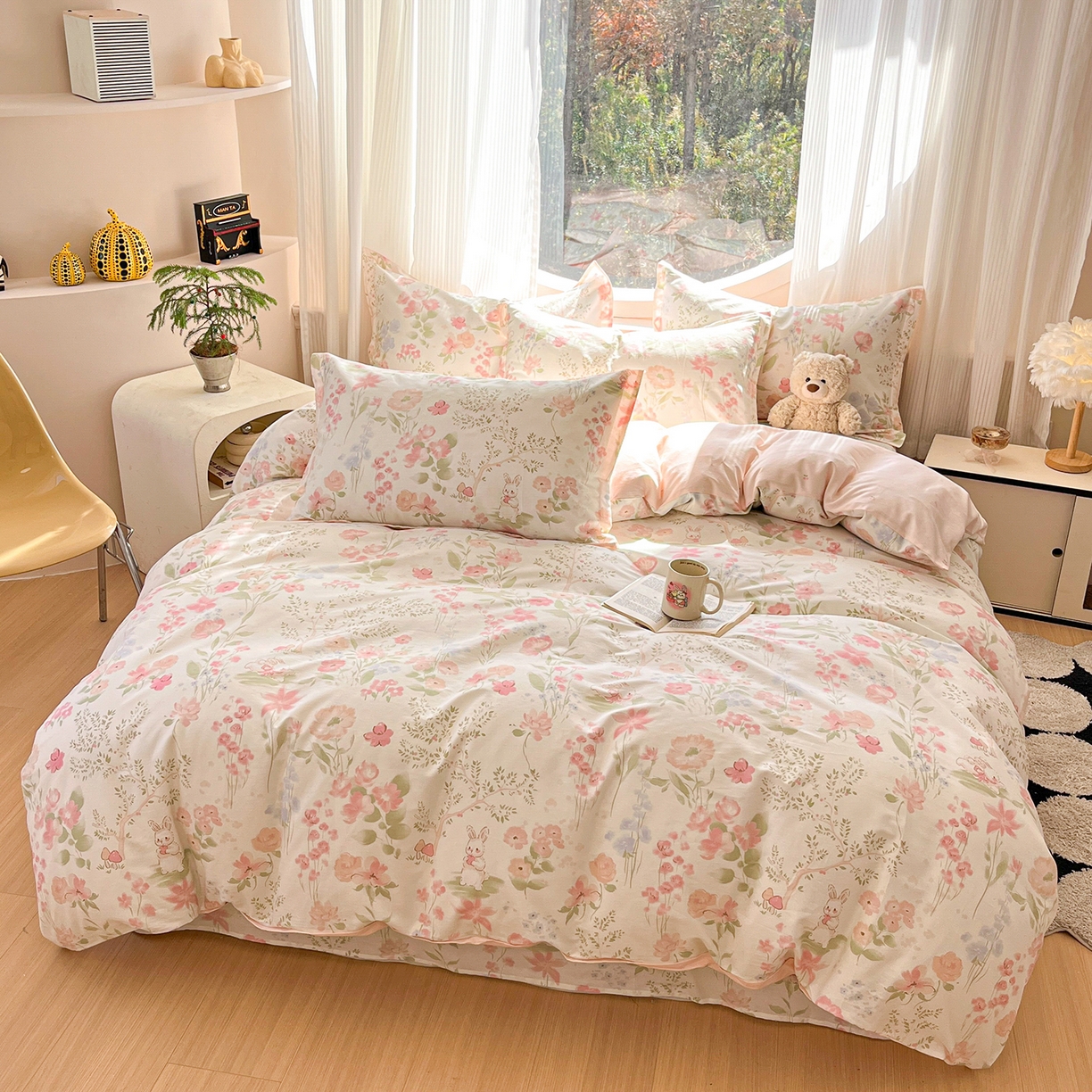 91家纺网 家纺一手货源 找家纺 花梦欣 2026新款全棉纯棉印花花卉款四件套 花仙兔兔