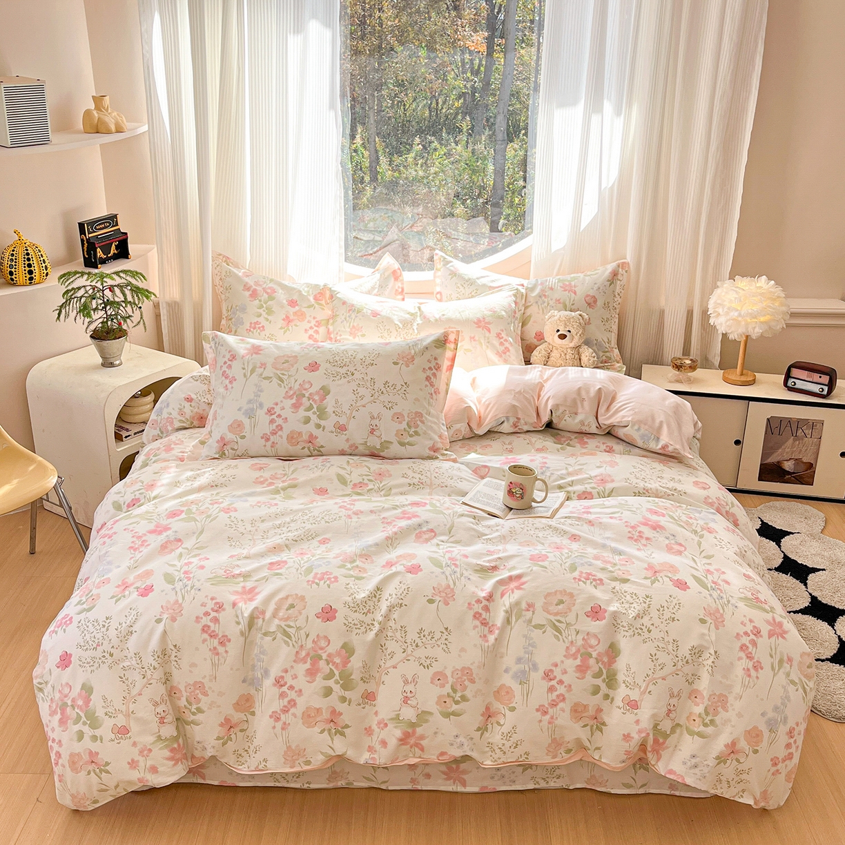 91家纺网 家纺一手货源 找家纺 花梦欣 2026新款全棉纯棉印花花卉款四件套 花仙兔兔