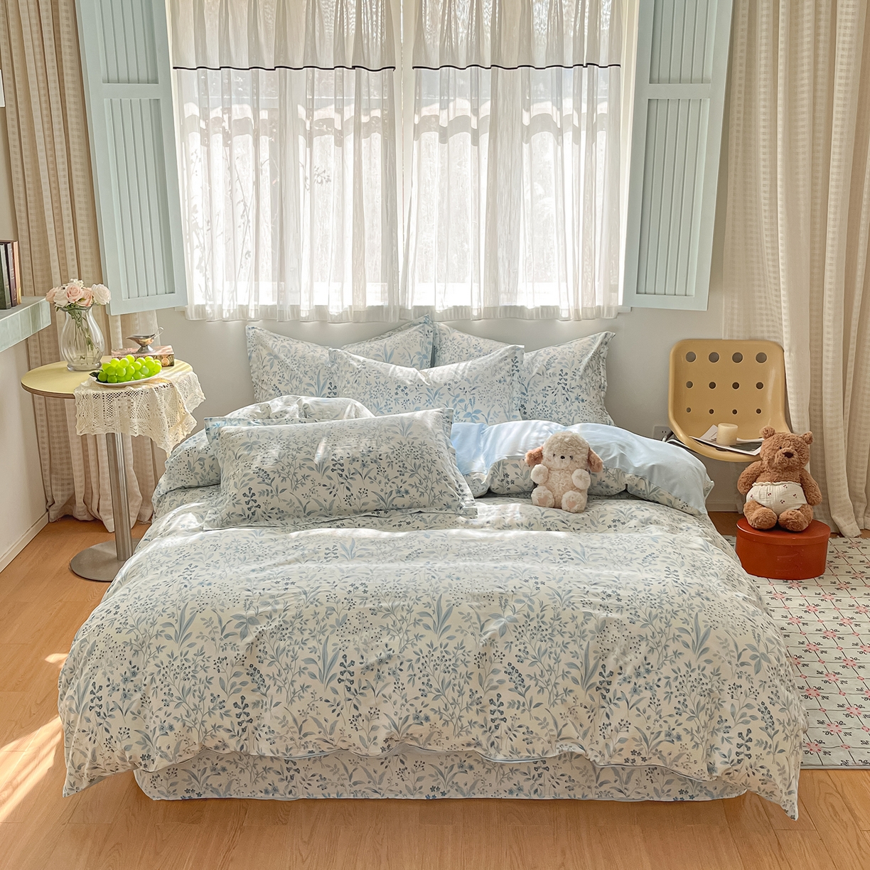 91家纺网 家纺一手货源 找家纺 花梦欣 2026新款全棉纯棉印花花卉款四件套 蓝沫