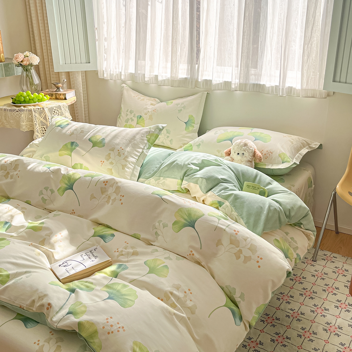 91家纺网 家纺一手货源 找家纺 花梦欣 2026新款全棉纯棉印花花卉款四件套 青绿银杏