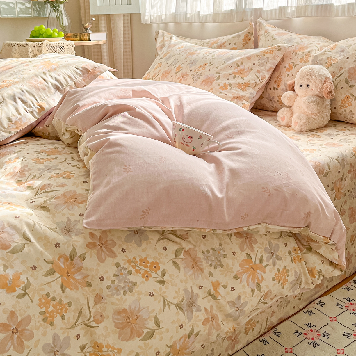 91家纺网 家纺一手货源 找家纺 花梦欣 2026新款全棉纯棉印花花卉款四件套 苏糖咖