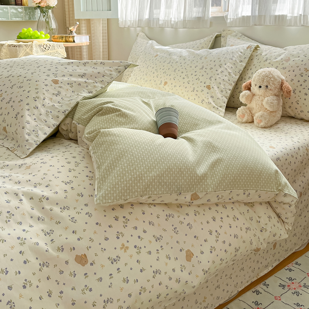 91家纺网 家纺一手货源 找家纺 花梦欣 2026新款全棉纯棉印花花卉款四件套 微花耳耳蓝