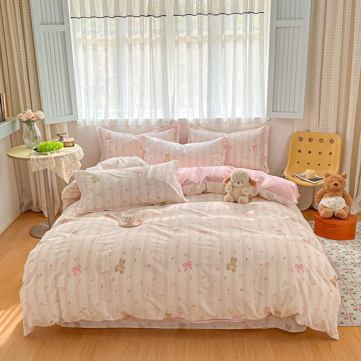 91家纺网 家纺一手货源 找家纺 花梦欣 2026新款全棉纯棉印花花卉款四件套 温柔花朵熊