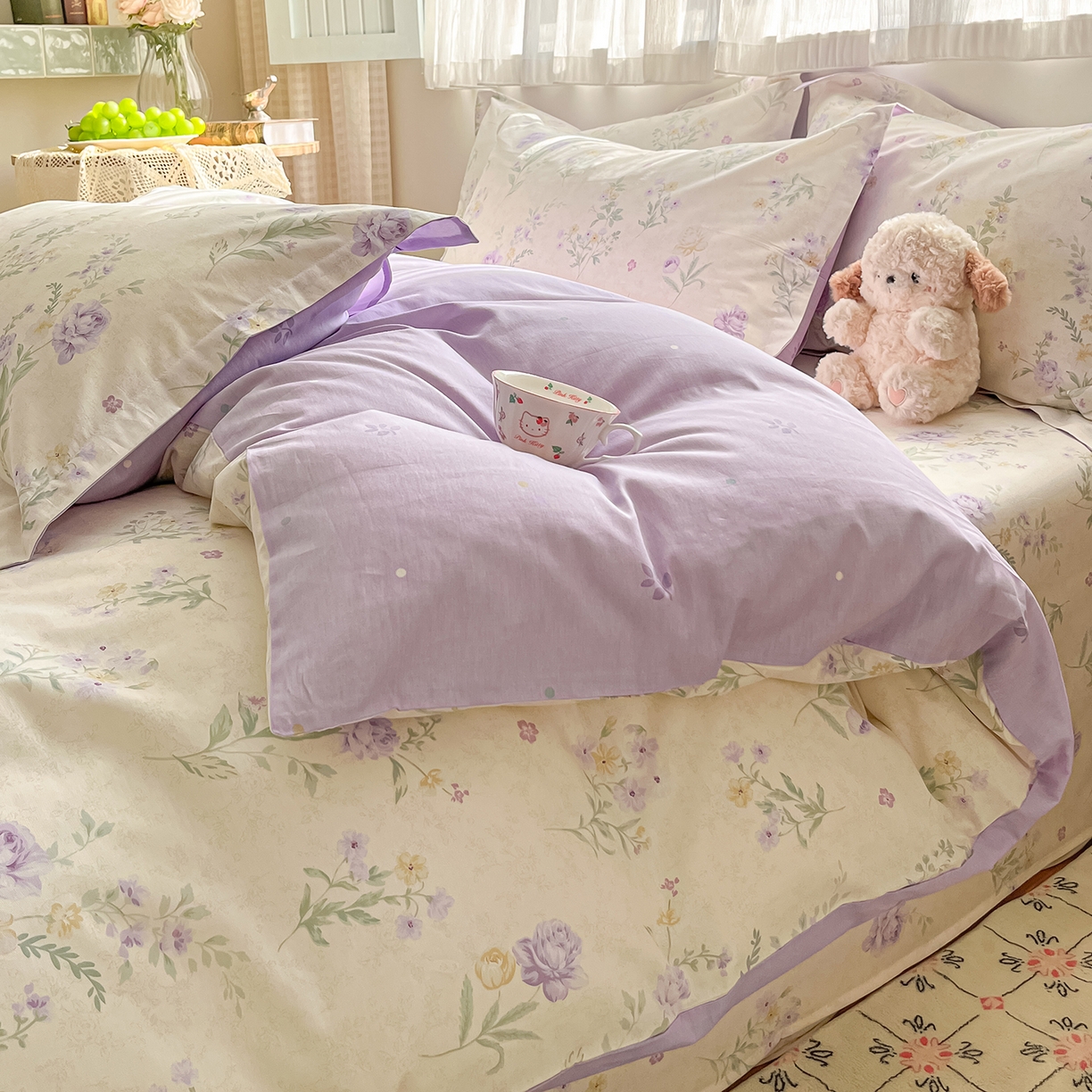 91家纺网 家纺一手货源 找家纺 花梦欣 2026新款全棉纯棉印花花卉款四件套 芜晴花紫