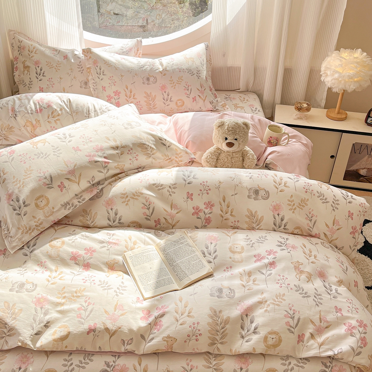 91家纺网 家纺一手货源 找家纺 花梦欣 2026新款全棉纯棉印花花卉款四件套 自然手记粉