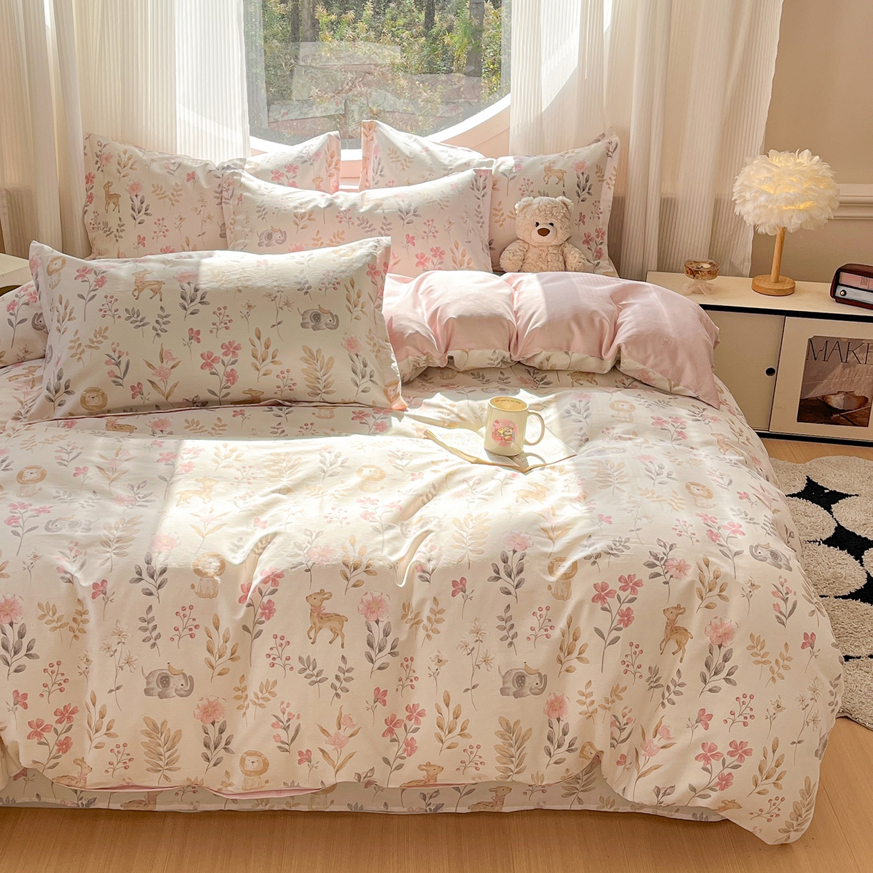 91家纺网 家纺一手货源 找家纺 花梦欣 2026新款全棉纯棉印花花卉款四件套 自然手记粉