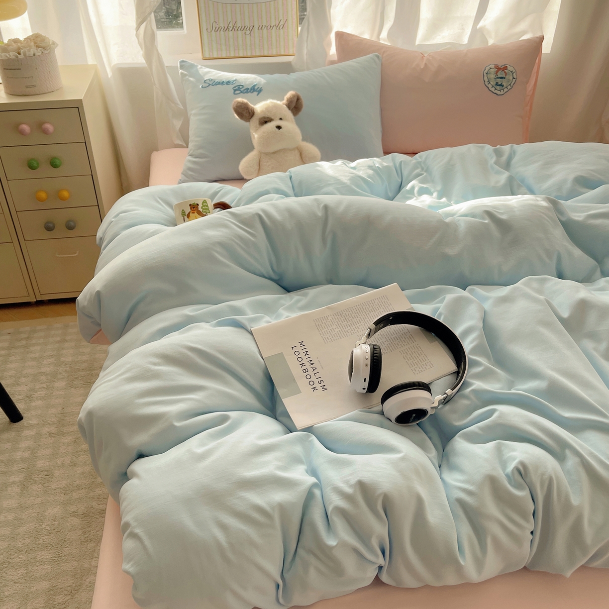 91家纺网 家纺一手货源 找家纺 韩都家居 2026春夏新款卡通云朵棉毛巾绣四件套-系列一 爱心小兔