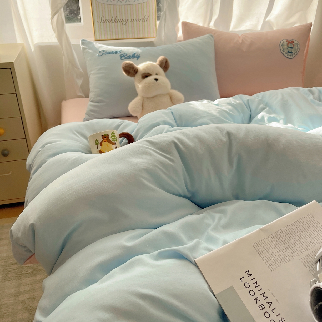 91家纺网 家纺一手货源 找家纺 韩都家居 2026春夏新款卡通云朵棉毛巾绣四件套-系列一 爱心小兔