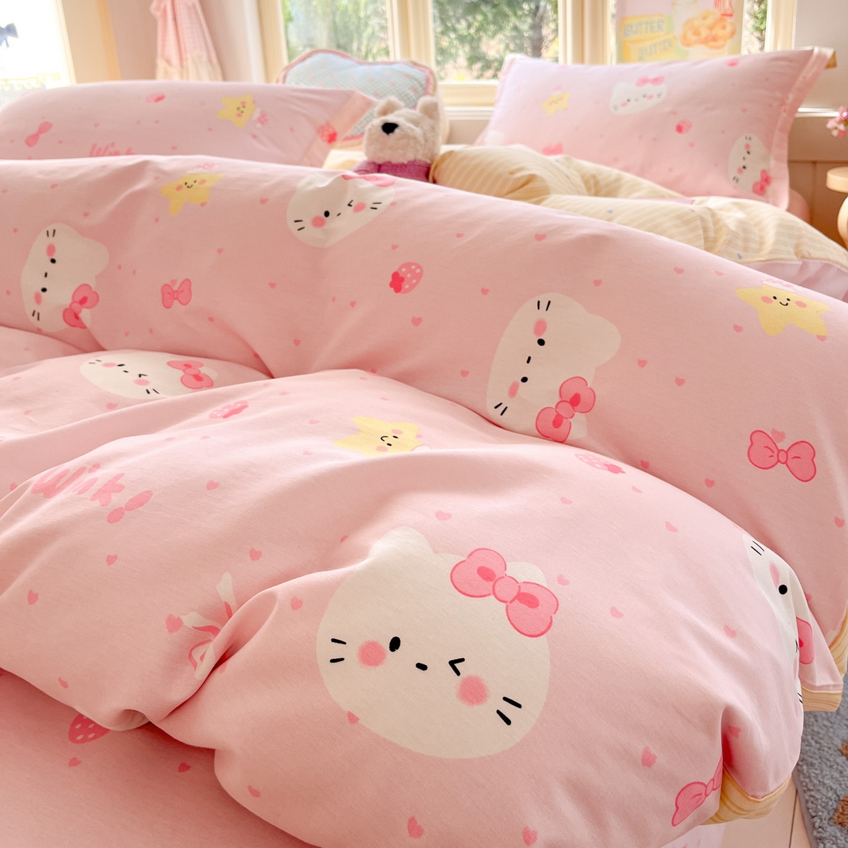 91家纺网 家纺一手货源 找家纺 莱通家纺 2026春夏新款全棉12868印花四件套单品系列-单被套 奶油凯蒂