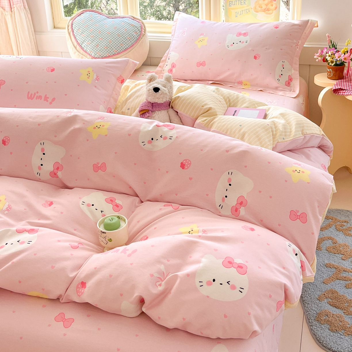 91家纺网 家纺一手货源 找家纺 莱通家纺 2026春夏新款全棉12868印花四件套单品系列-单被套 奶油凯蒂