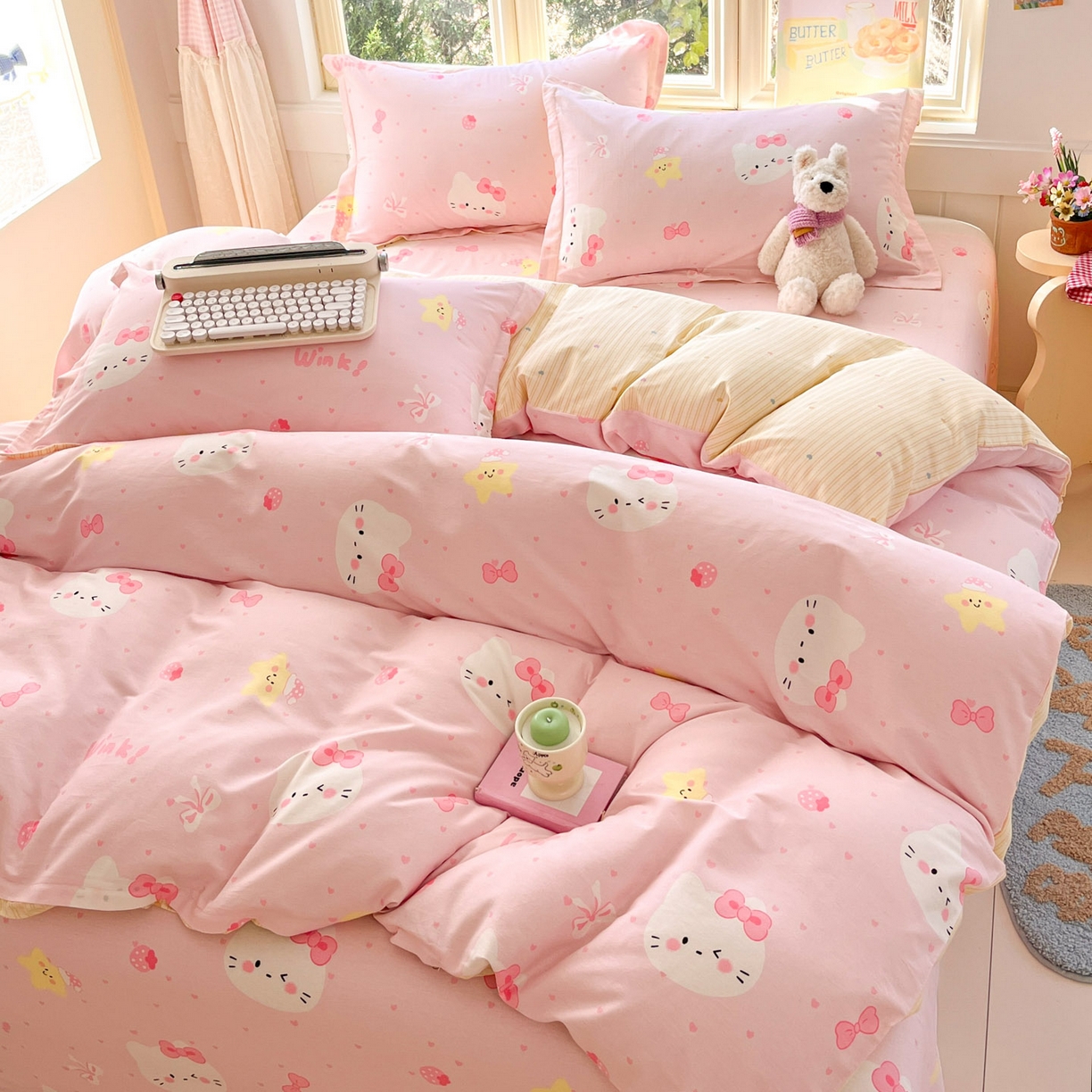 91家纺网 家纺一手货源 找家纺 莱通家纺 2026春夏新款全棉12868印花四件套单品系列-单被套 奶油凯蒂