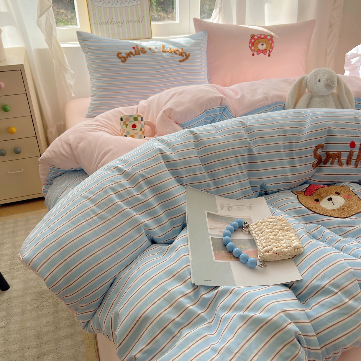 91家纺网 家纺一手货源 找家纺 韩都家居 2026春夏新款卡通云朵棉毛巾绣四件套-系列一 三只熊