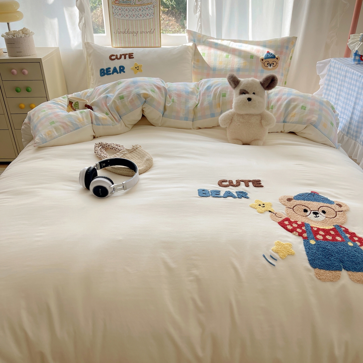 91家纺网 家纺一手货源 找家纺 韩都家居 2026春夏新款卡通云朵棉毛巾绣四件套-系列一 小熊星星