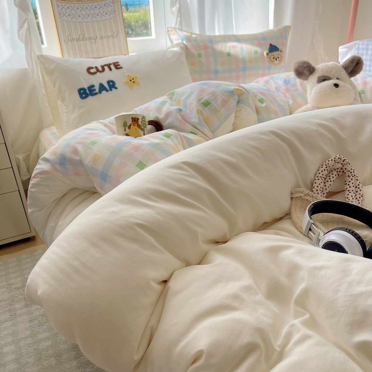 91家纺网 家纺一手货源 找家纺 韩都家居 2026春夏新款卡通云朵棉毛巾绣四件套-系列一 小熊星星