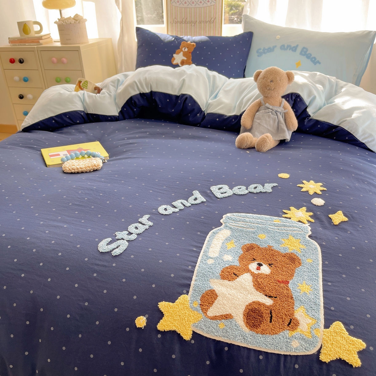 91家纺网 家纺一手货源 找家纺 韩都家居 2026春夏新款卡通云朵棉毛巾绣四件套-系列一 许愿熊