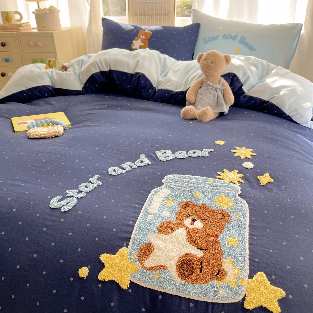 91家纺网 家纺一手货源 找家纺 韩都家居 2026春夏新款卡通云朵棉毛巾绣四件套-系列一 许愿熊