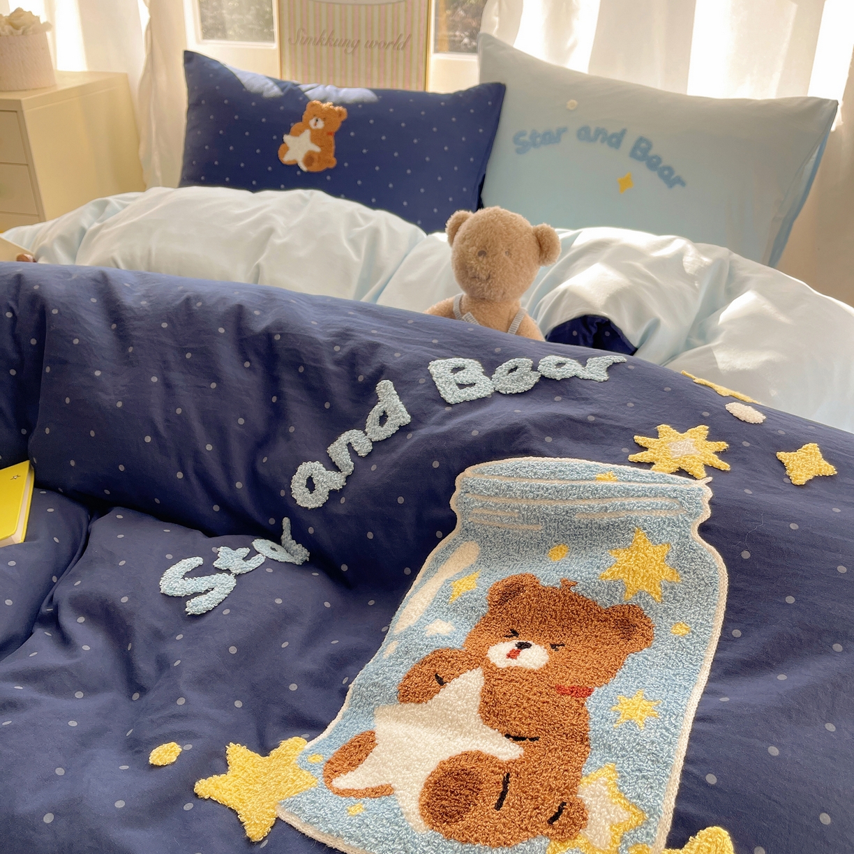 91家纺网 家纺一手货源 找家纺 韩都家居 2026春夏新款卡通云朵棉毛巾绣四件套-系列一 许愿熊