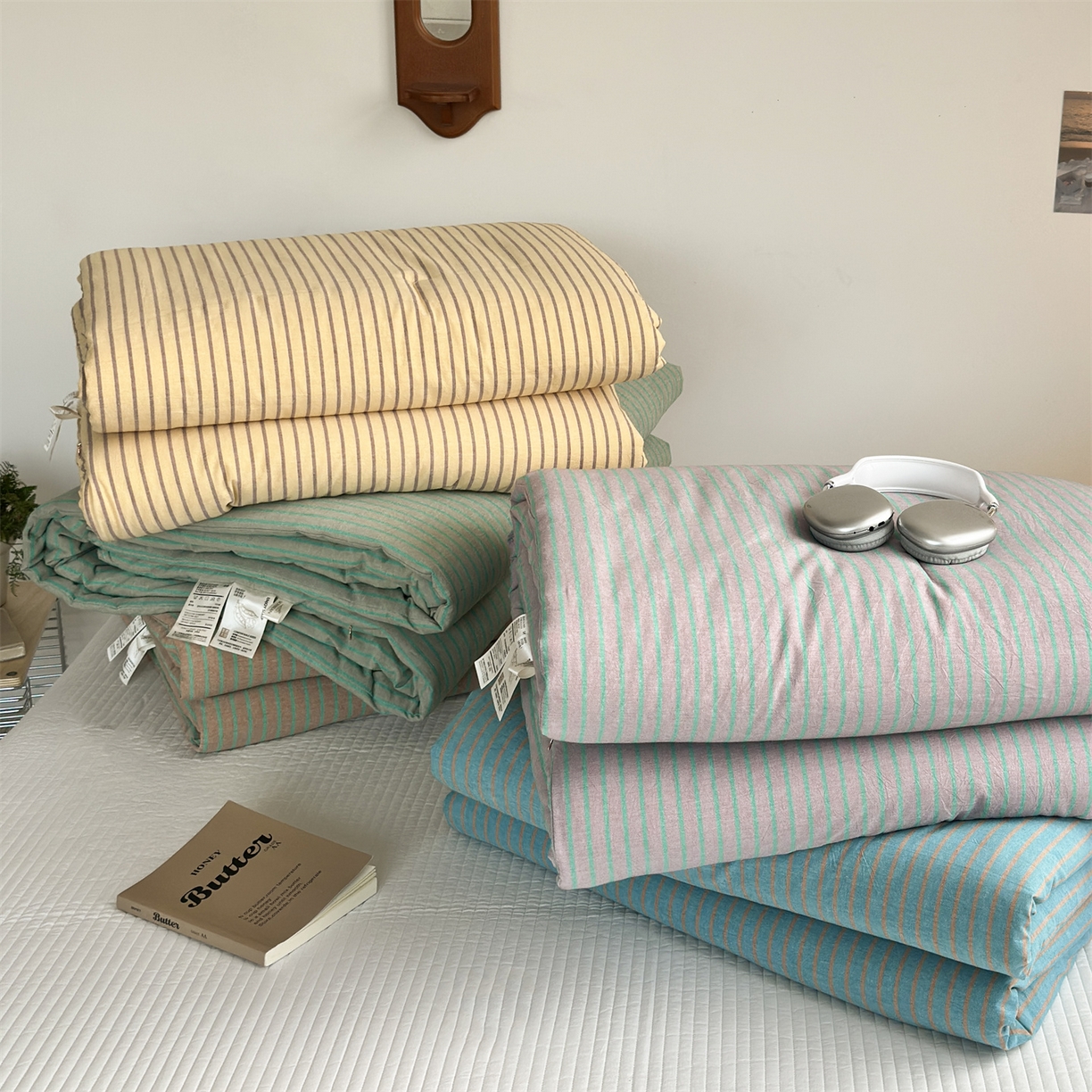 91家纺网 家纺一手货源 找家纺 （总）被窝家纺 2026新款莫兰迪条纹水洗棉懒人被被子被芯