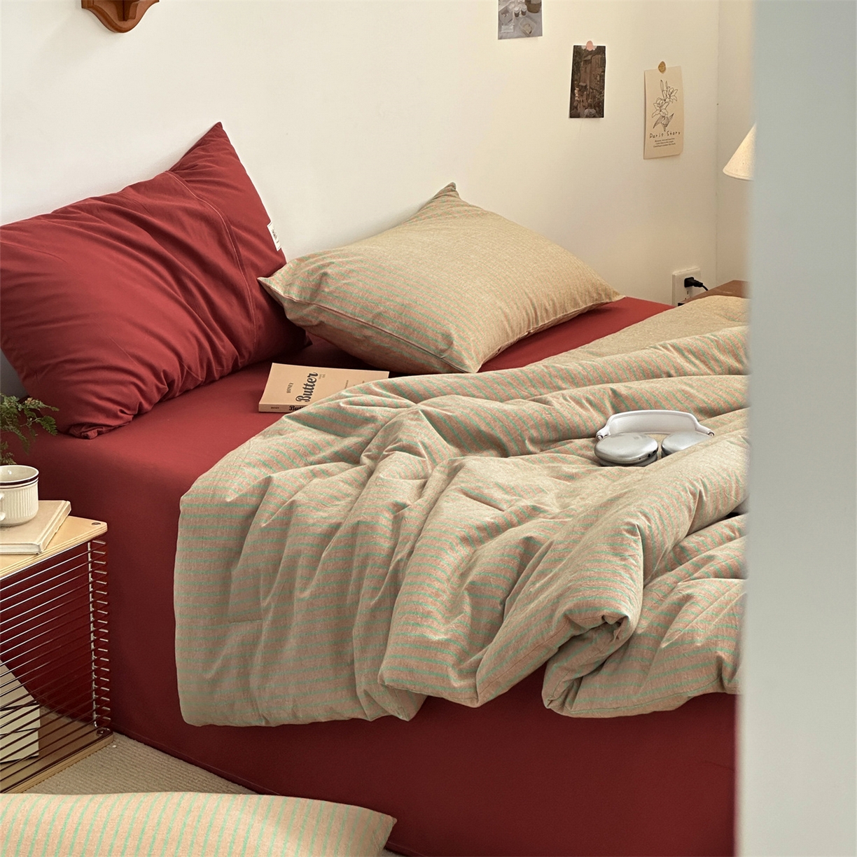 91家纺网 家纺一手货源 找家纺 被窝家纺 2026新款莫兰迪条纹水洗棉懒人被被子被芯 莫兰迪条纹-桔