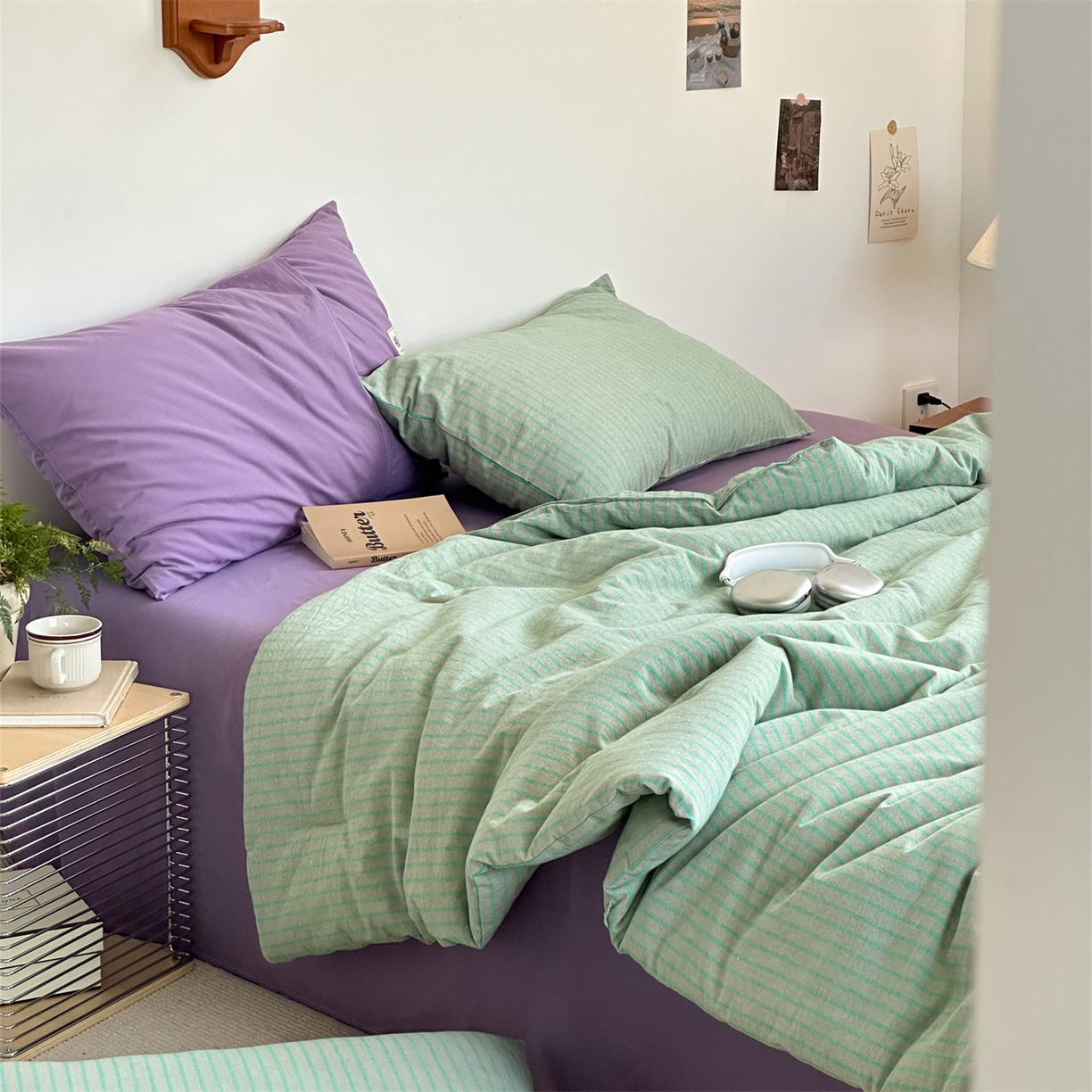 91家纺网 家纺一手货源 找家纺 被窝家纺 2026新款莫兰迪条纹水洗棉懒人被被子被芯 莫兰迪条纹-绿